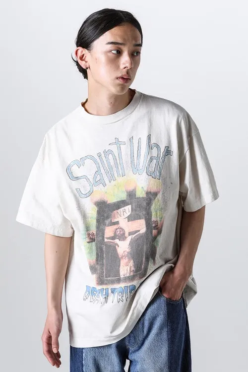 SAINT MICHAEL SAINT WAR TEE/WHAT new style Jesus cross retro short-sleeved, off-white S-XL, ready-to-wear, washed and distressed, printed repeatedly and modified, tube-woven seamless fabric, with little angel anti-counterfeiting label